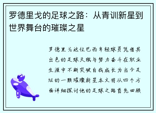罗德里戈的足球之路：从青训新星到世界舞台的璀璨之星